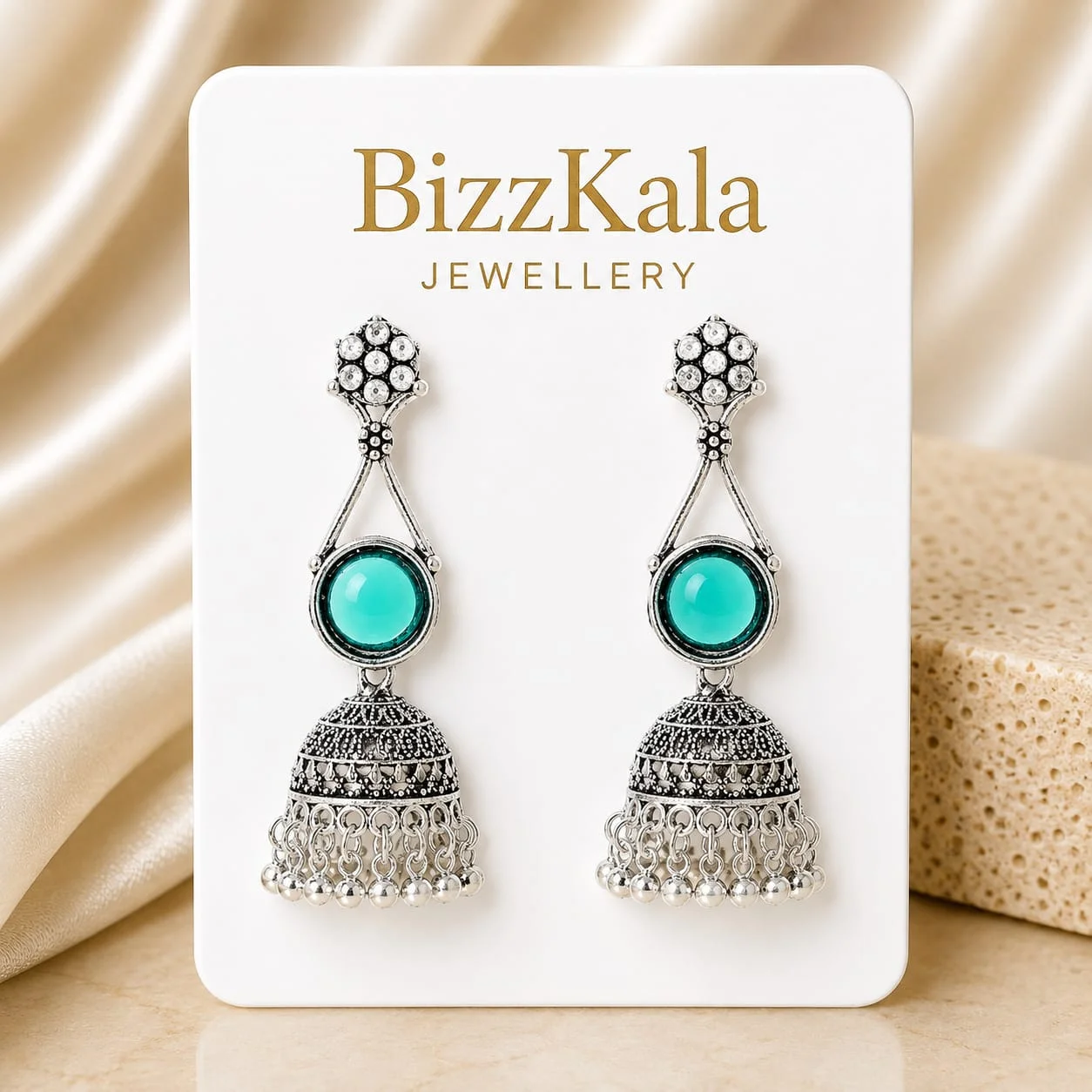 Silver-Tone Emerald Green Stone Jhumka Earrings for Women - Image 1