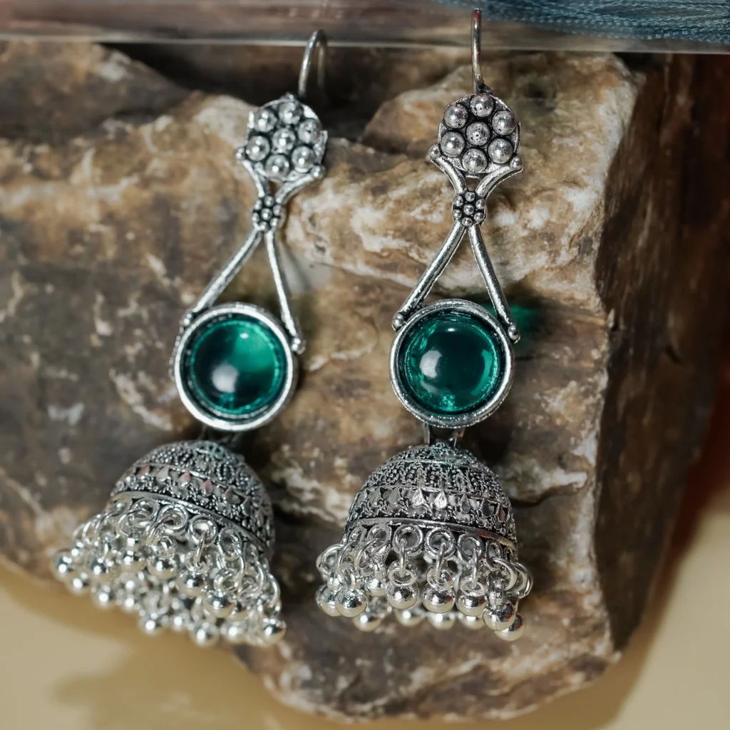 Silver-Tone Emerald Green Stone Jhumka Earrings for Women