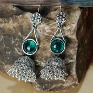 Silver-Tone Emerald Green Stone Jhumka Earrings for Women - Image 3