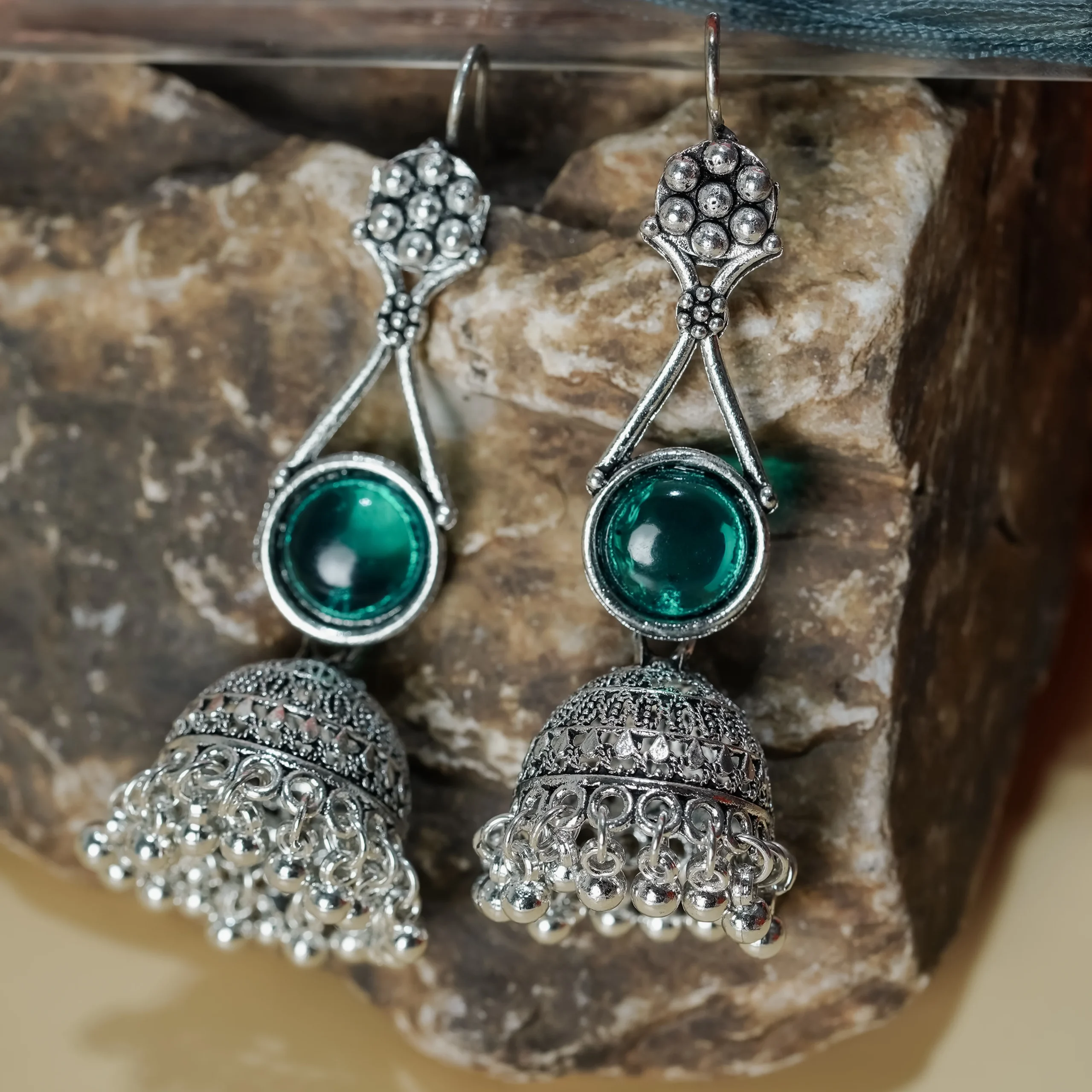 Silver-Tone Emerald Green Stone Jhumka Earrings for Women - Image 3