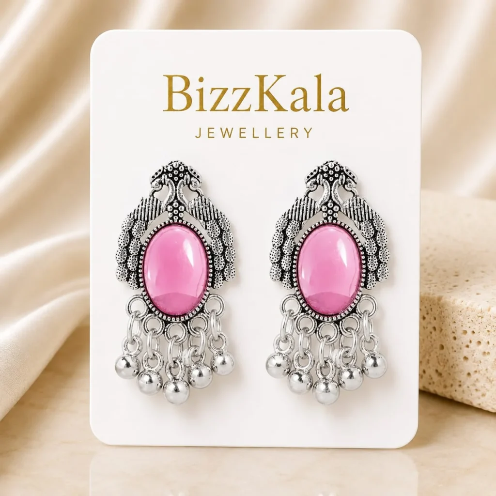 Silver-Tone Pink Peacock Jhumka for Women