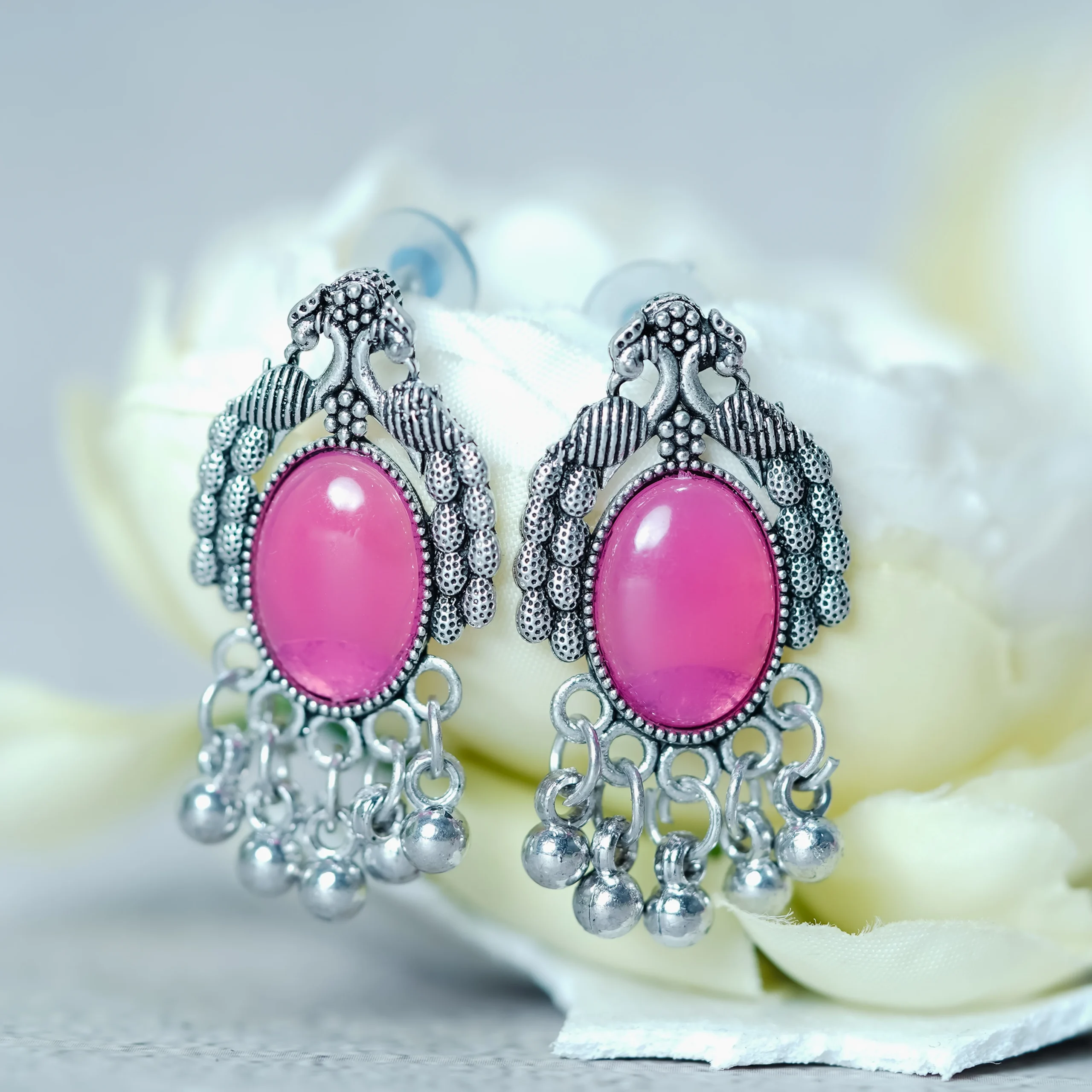 Silver-Tone Pink Peacock Jhumka for Women - Image 3