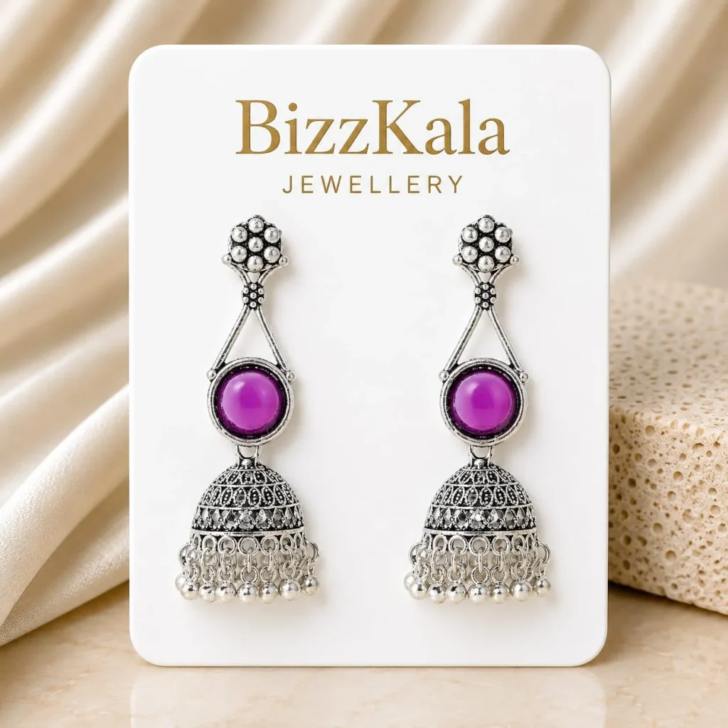Silver-Tone Purple Stone Jhumka Earrings for Women