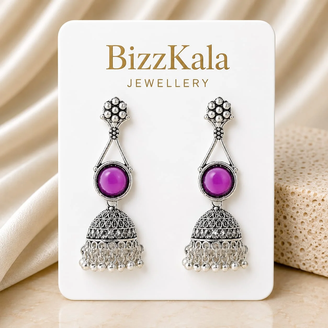 Silver-Tone Purple Stone Jhumka Earrings for Women - Image 1