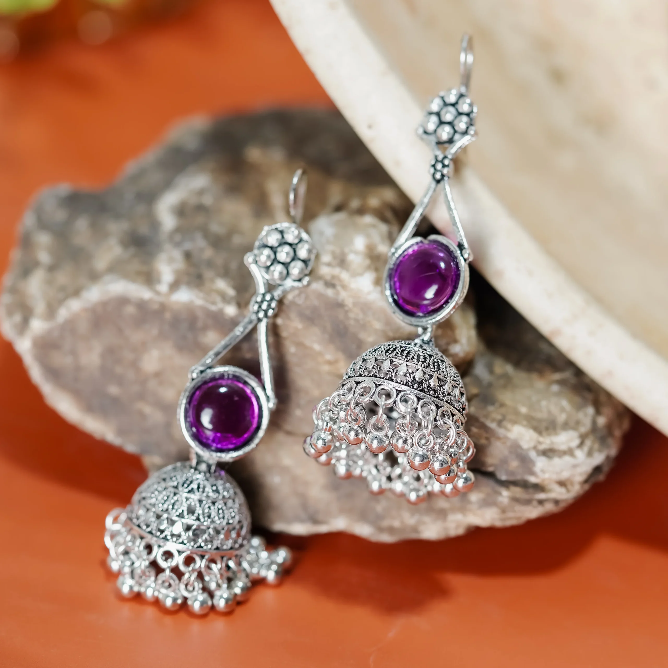 Silver-Tone Purple Stone Jhumka Earrings for Women - Image 3