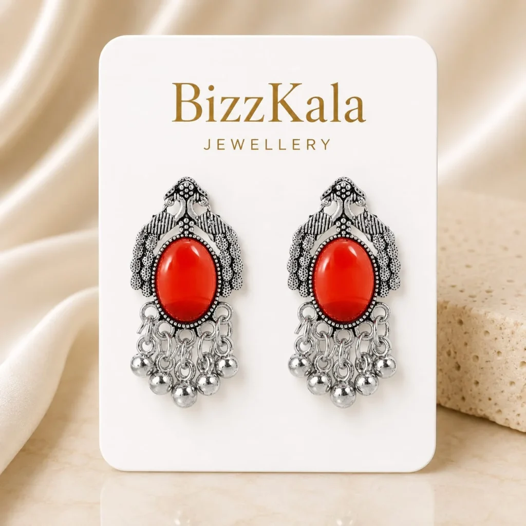 Silver-Tone Red Peacock Jhumka for Women