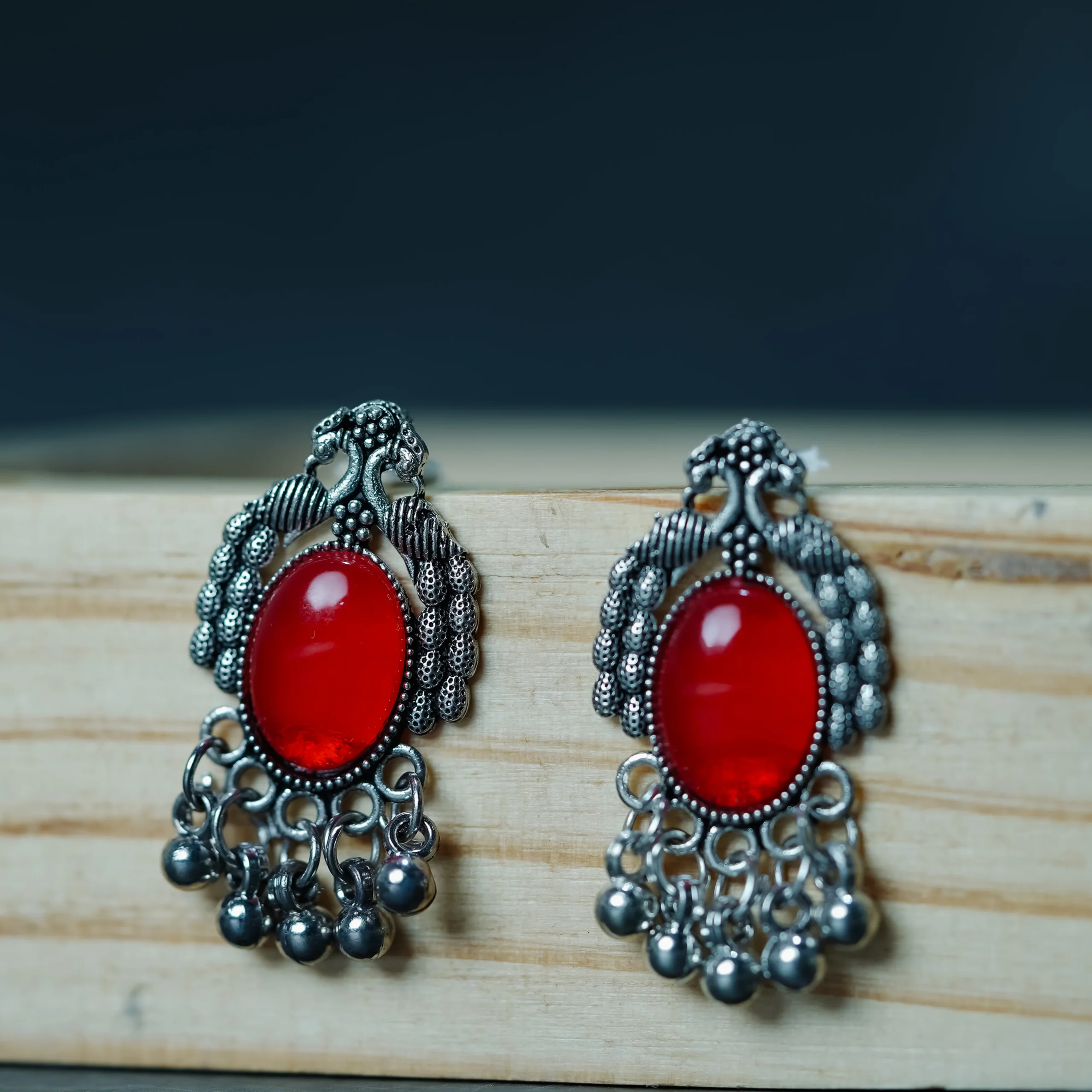Silver-Tone Red Peacock Jhumka for Women - Image 3