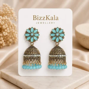 Sky Blue Floral Beaded Jhumka for Women - Image 1
