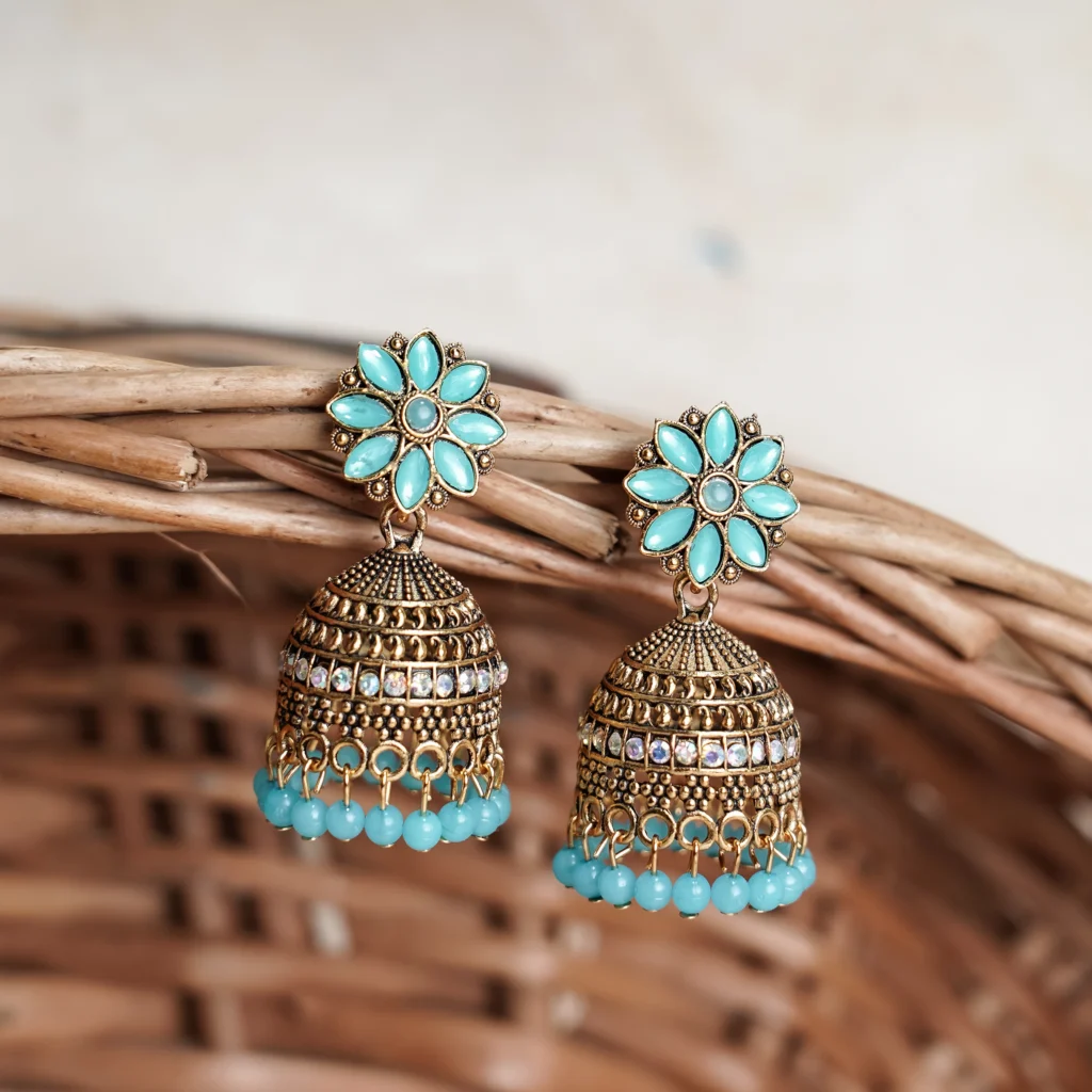 Sky Blue Floral Beaded Jhumka for Women