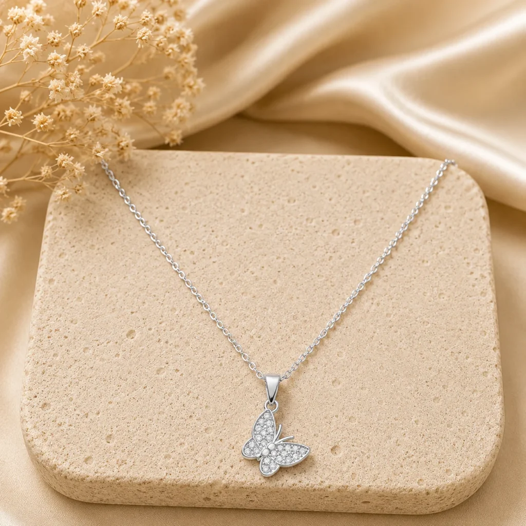 White Butterfly Crystal Pendant Necklace for Women