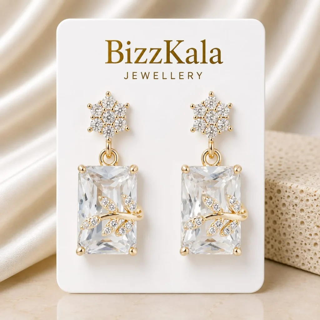 White Crystal Leaf Jhumka for Women