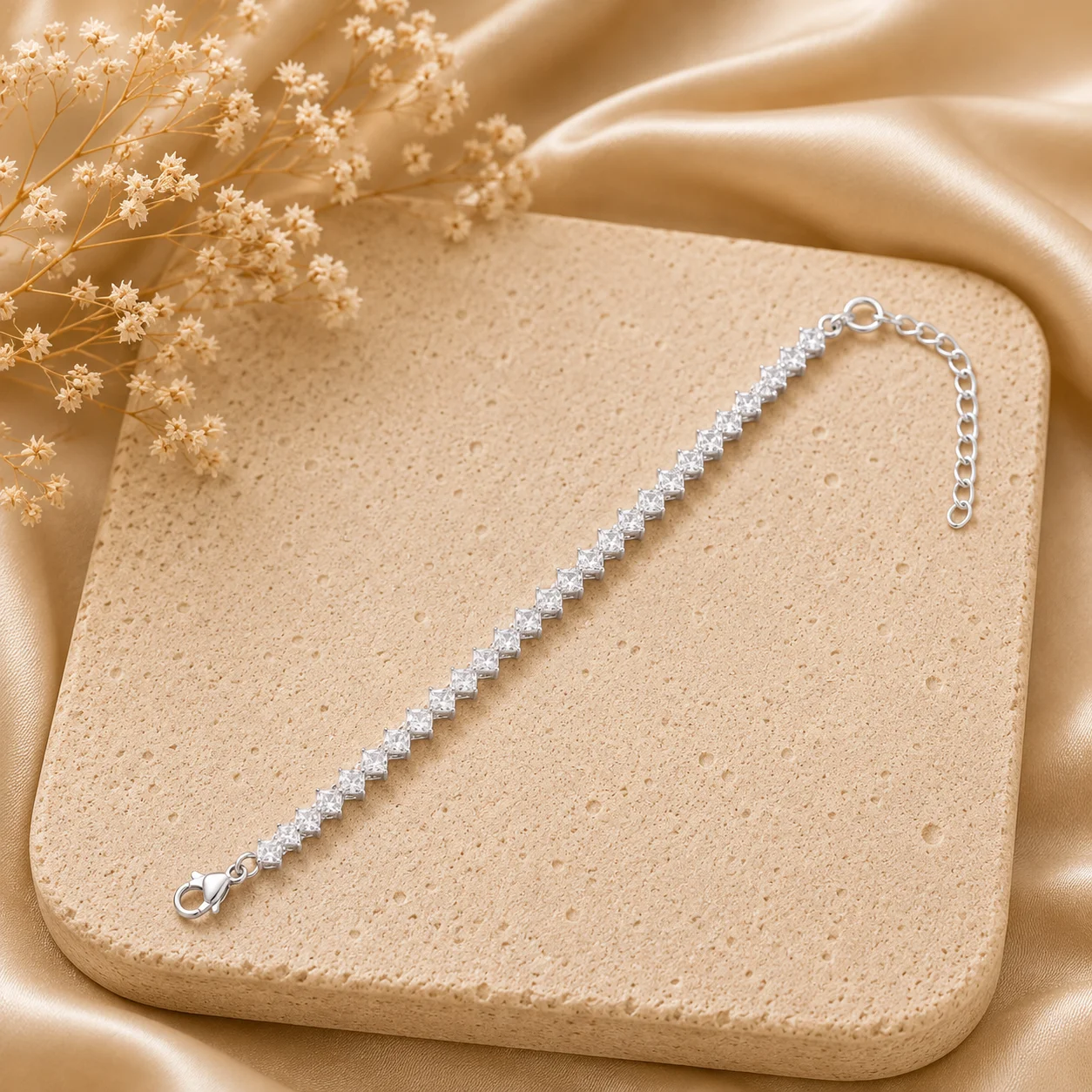 White Princess Cut Crystal Tennis Bracelet for Women - Image 1