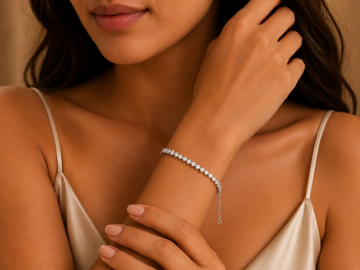 White Princess Cut Crystal Tennis Bracelet for Women - Image 2