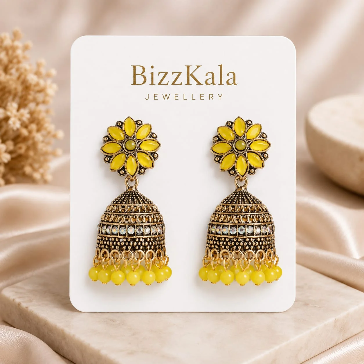Yellow Floral Beaded Jhumka for Women - Image 1
