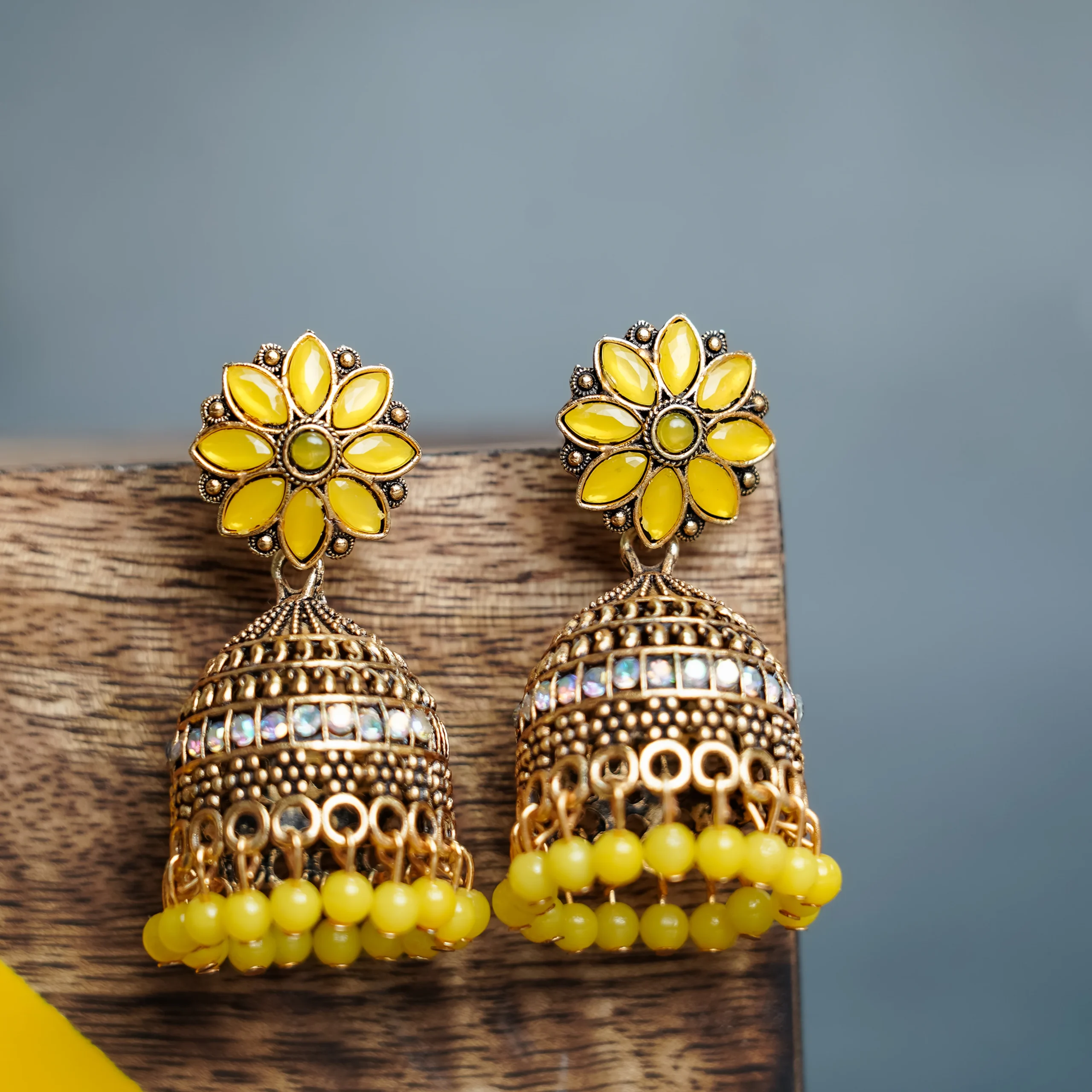 Yellow Floral Beaded Jhumka for Women - Image 3