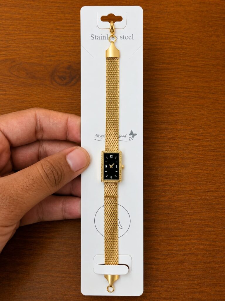 Rectangular Black Dial Mesh Bracelet in gold-tone style with a fine mesh band with a slim black rectangular centre
