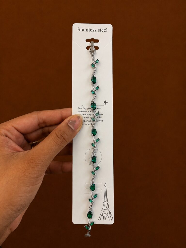 Green Leaf Bracelet in silver-tone style with green marquise-shaped leaf accents along a fine chain