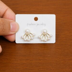 Pearl Fan Stud Earrings in gold-tone style with pearl-like centres above fan-shaped rows of smaller beads