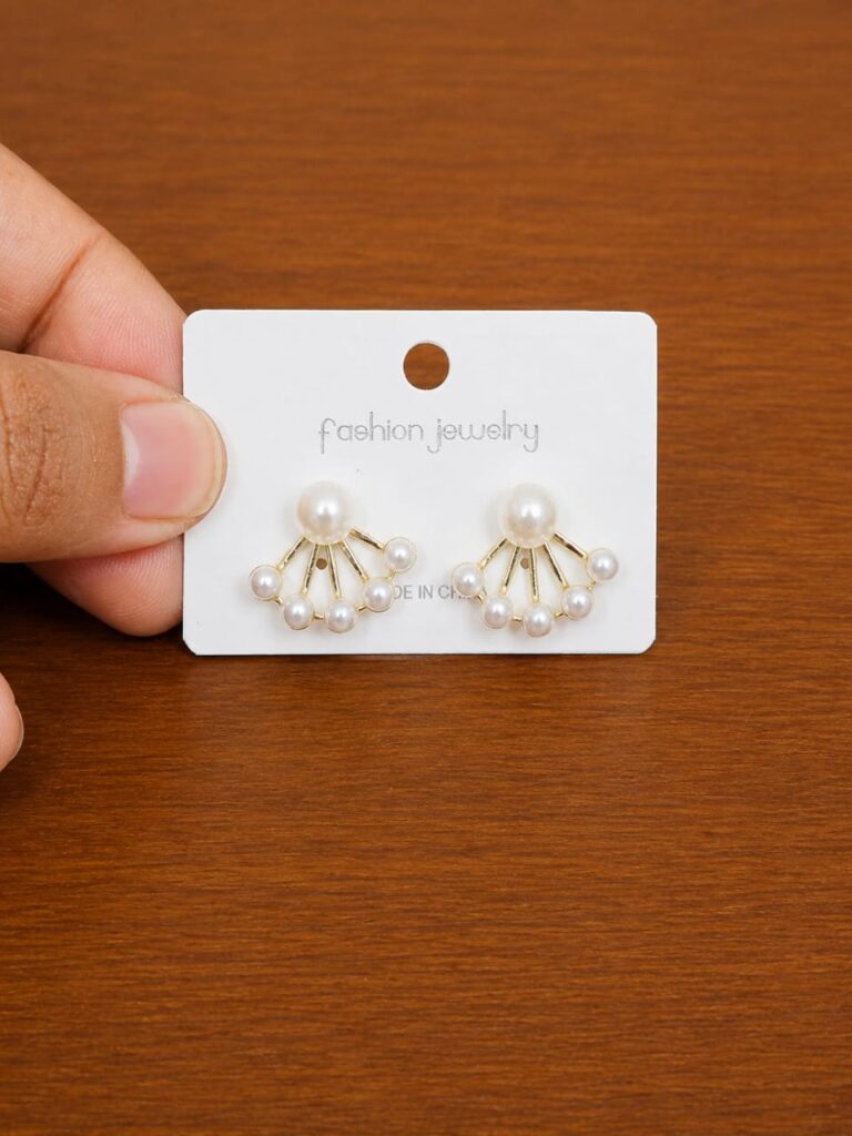 Pearl Fan Stud Earrings in gold-tone style with pearl-like centres above fan-shaped rows of smaller beads