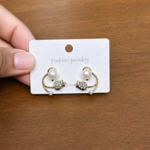 Pearl Swan Stud Earrings in gold-tone style with open swan-like curves with pearl-like and clear accents