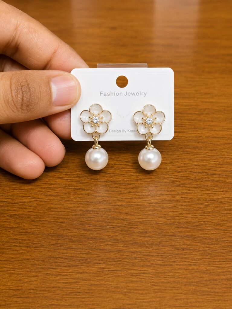 Flower Pearl Drop Earrings in gold-tone style with white flower studs with hanging pearl-like drops