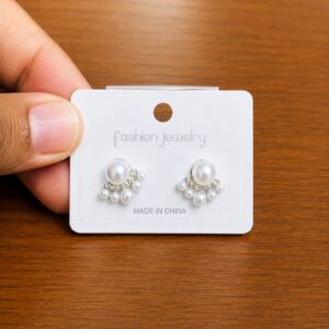 Pearl Cluster Stud Earrings in silver-tone style with a pearl-like centre framed by a compact clear cluster