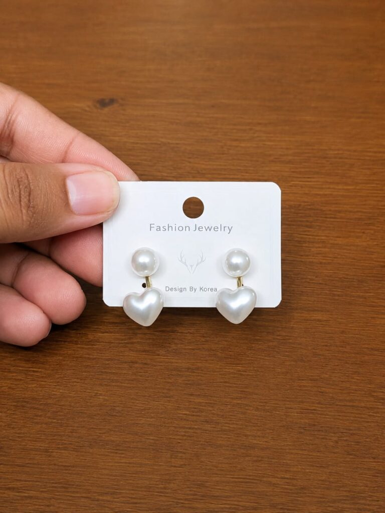 Pearl Heart Drop Earrings in silver-tone style with round pearl-like studs with small white heart drops