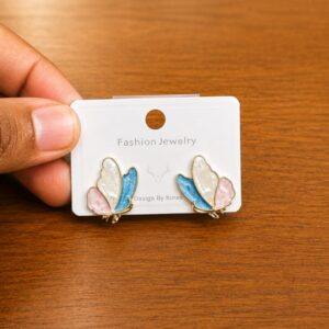 Pastel Butterfly Stud Earrings in gold-tone style with pink and blue butterfly wings with fine clear borders