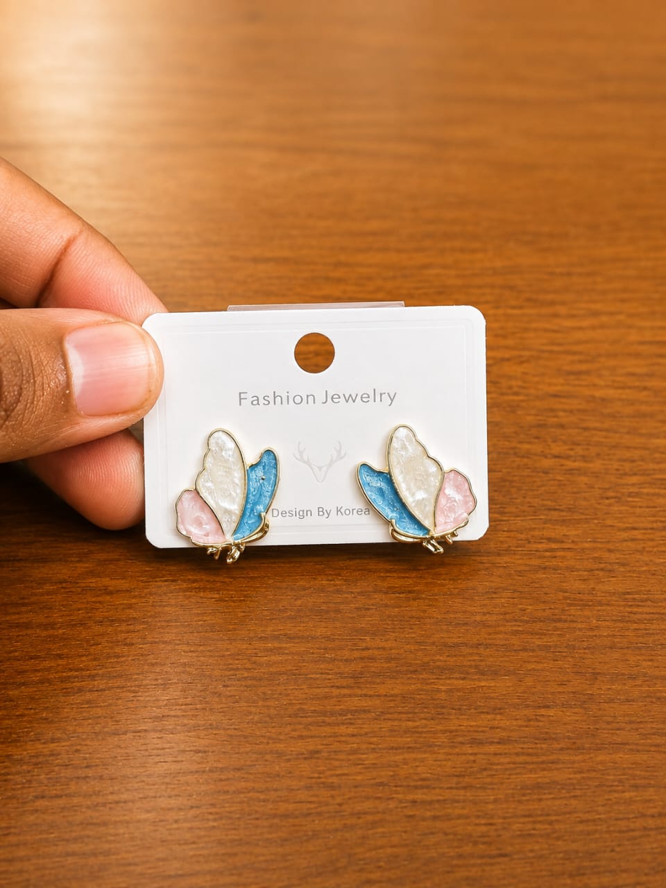 Pastel Butterfly Stud Earrings in gold-tone style with pink and blue butterfly wings with fine clear borders