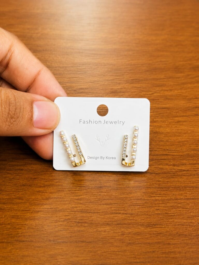 Clear Bar Stud Earrings in gold-tone style with slim vertical bars lined with clear accents