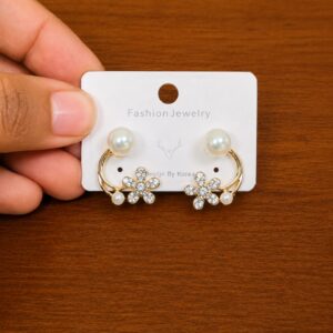 Pearl Floral Hoop Earrings in gold-tone style with pearl-like studs above open hoops with clear flower clusters