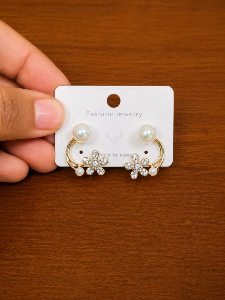 Pearl Floral Hoop Earrings in gold-tone style with pearl-like studs above open hoops with clear flower clusters