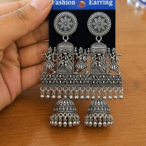 Oxidised Jhumka Earrings in antique silver-tone style with ornate rectangular panels with hanging dome jhumkas