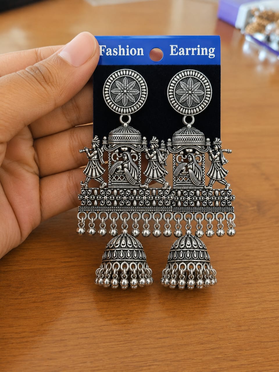 Oxidised Jhumka Earrings in antique silver-tone style with ornate rectangular panels with hanging dome jhumkas