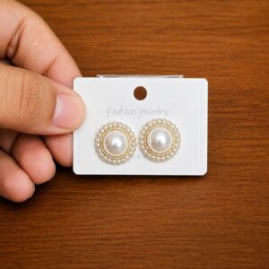 Clear Halo Pearl Stud Earrings in gold-tone style with large pearl-like centres surrounded by neat clear halos