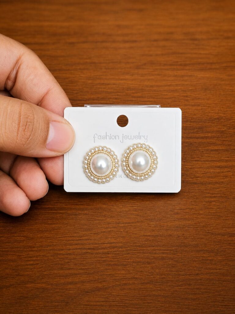 Clear Halo Pearl Stud Earrings in gold-tone style with large pearl-like centres surrounded by neat clear halos