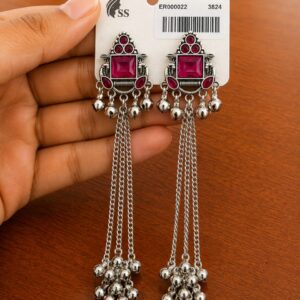 Red Stone Chain Tassel Earrings in antique silver-tone style with red rectangular centres with long chain-and-bead tassels