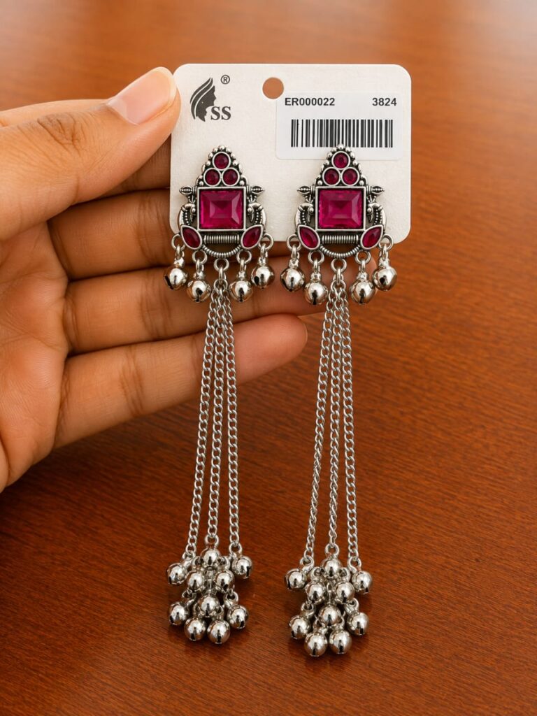 Red Stone Chain Tassel Earrings in antique silver-tone style with red rectangular centres with long chain-and-bead tassels