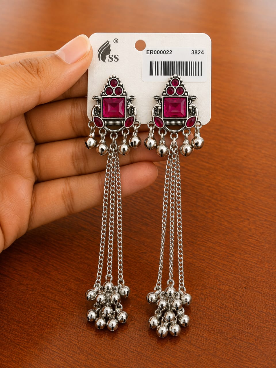 Red Stone Chain Tassel Earrings in antique silver-tone style with red rectangular centres with long chain-and-bead tassels