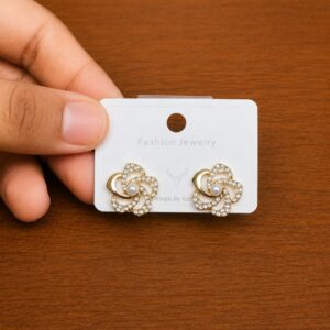 Swirl Stone Stud Earrings in silver-tone style with rounded swirl motifs outlined with clear accents