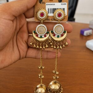 Multicolor Chandbali Jhumka Earrings in antique gold-tone style with multicolour chandbali arches with hanging domes and tassels