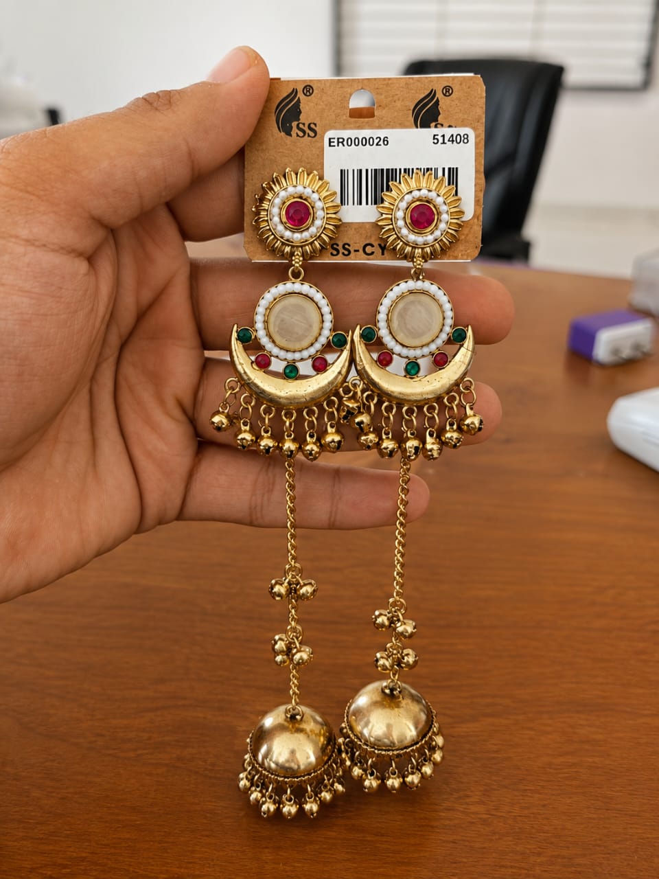 Multicolor Chandbali Jhumka Earrings in antique gold-tone style with multicolour chandbali arches with hanging domes and tassels