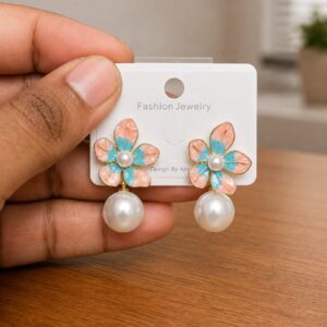 Pastel Flower Pearl Drop Earrings in gold-tone style with pastel flower tops with large pearl-like drops