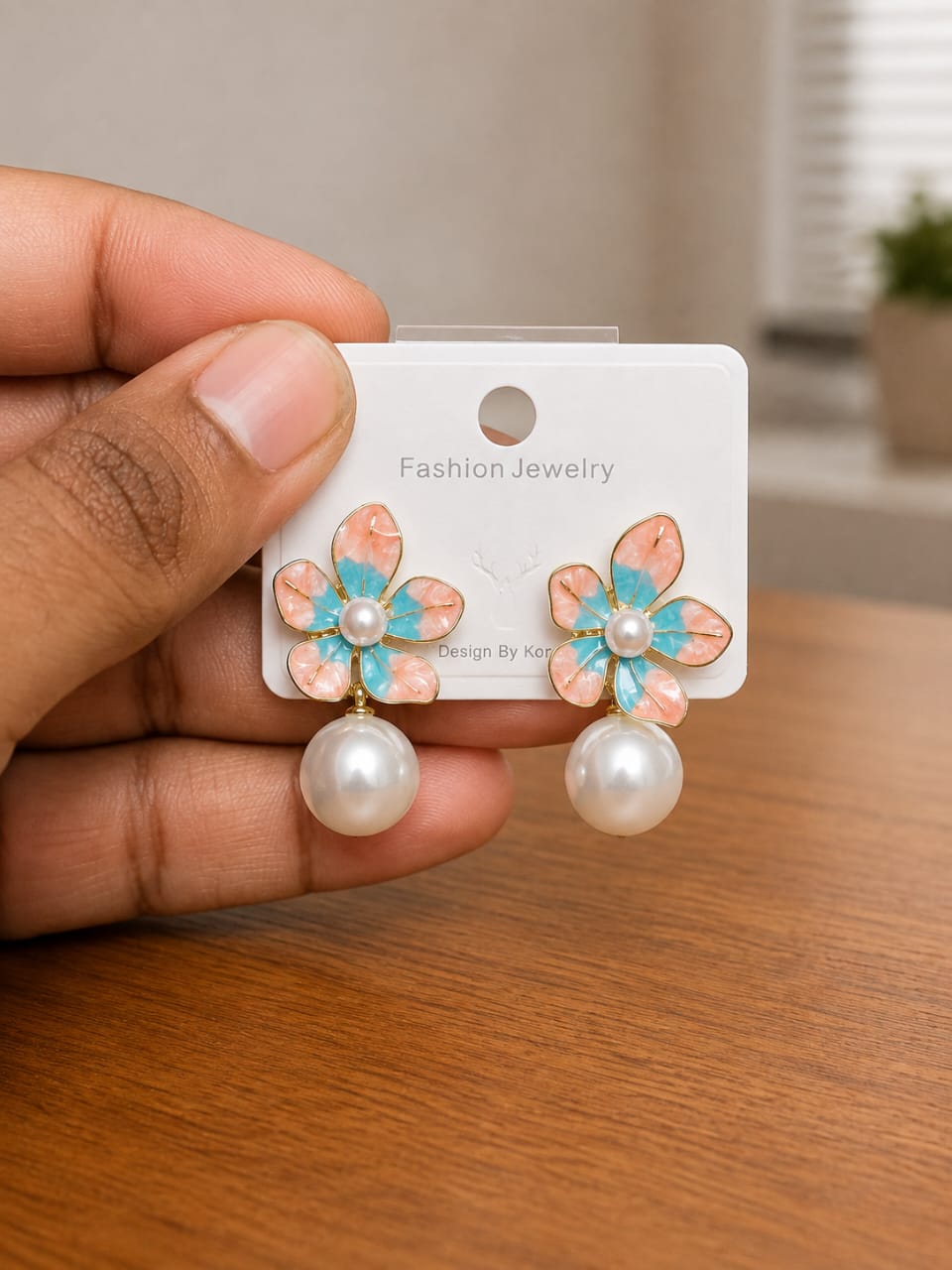 Pastel Flower Pearl Drop Earrings in gold-tone style with pastel flower tops with large pearl-like drops