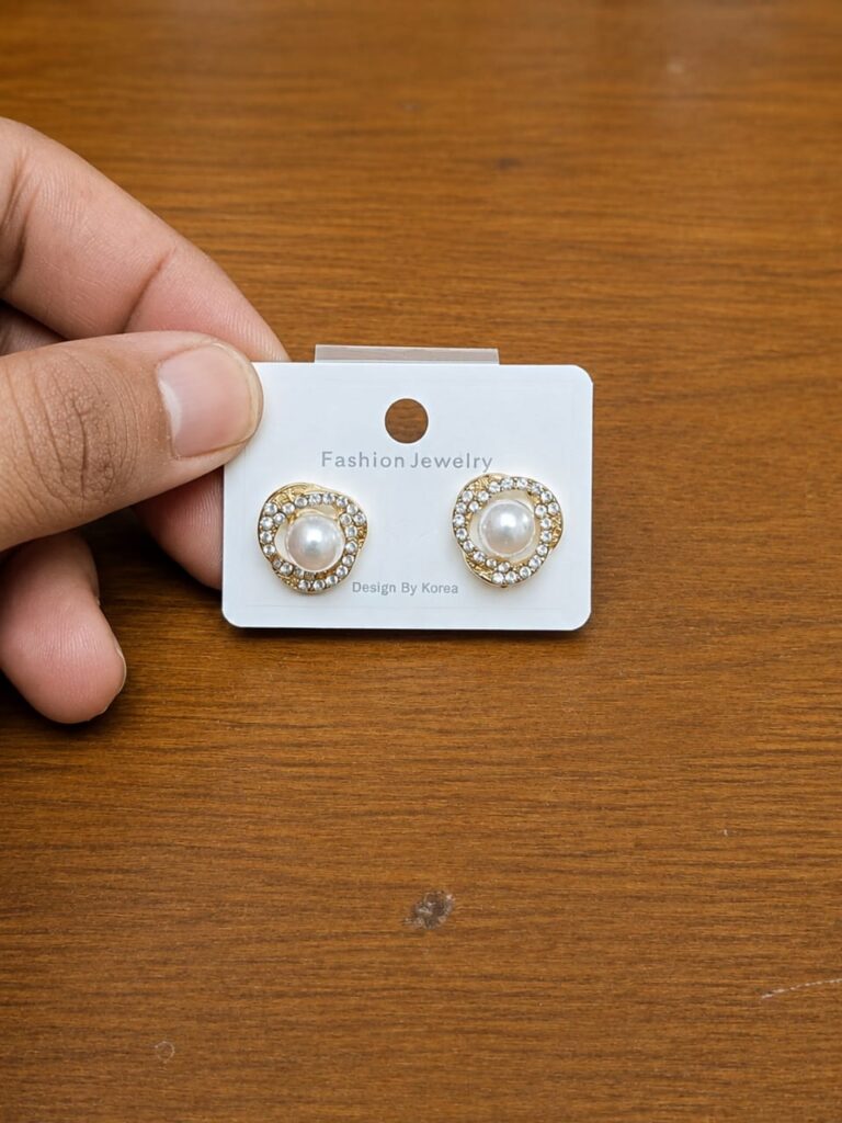 Rounded Border Pearl Stud Earrings in silver-tone style with pearl-like centres inside rounded clear borders