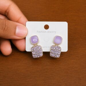 Purple Square Drop Earrings in silver-tone style with purple rounded-square tops above clear square drops