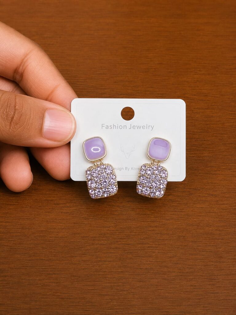 Purple Square Drop Earrings in silver-tone style with purple rounded-square tops above clear square drops