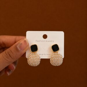 Black Square Pearl Drop Earrings in gold-tone style with black square tops above grid-pattern pearl-like drops