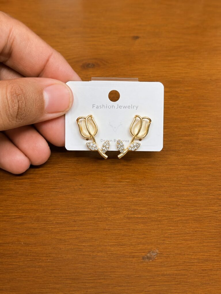 Tulip Clear Stud Earrings in gold-tone style with open tulip outlines with small clear centre details