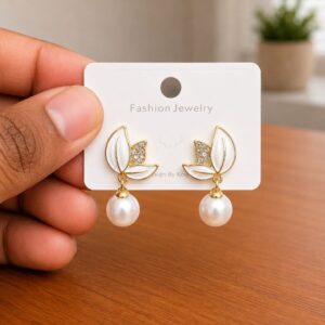 Leaf Pearl Drop Earrings in gold-tone style with white leaf forms above pearl-like drops